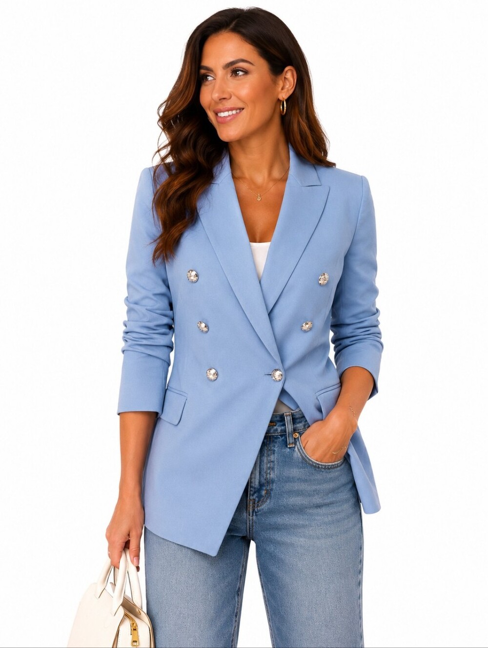 WHBM Studio Blazer Comfort Stretch Light Blue Double Breasted Jacket Size 10